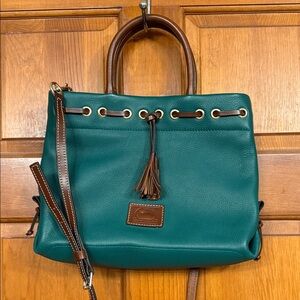 Dooney & Bourke Teal and Brown Leather Drawstring Tote